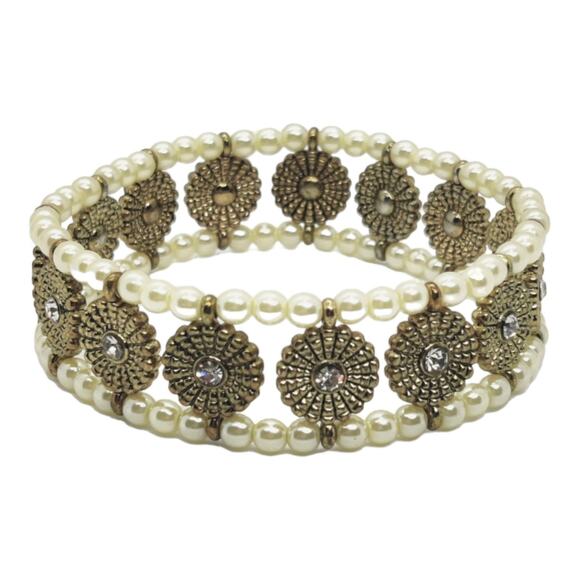 Stretchy Bohemian Pearl & Gold Tone Metal Bracelet Formal Jewelry Bridal Party - Picture 2 of 5